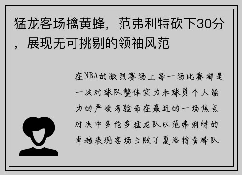 猛龙客场擒黄蜂，范弗利特砍下30分，展现无可挑剔的领袖风范